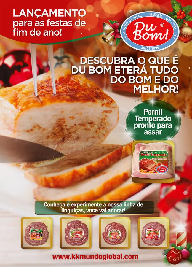 Aviso editorial de DuBom para las fiestas de fin de año, con pernil temperado y su línea de embutidos
