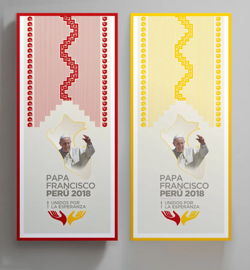 Dos banners verticales de la visita del Papa Francisco al Perú 2018, en rojo y en amarillo