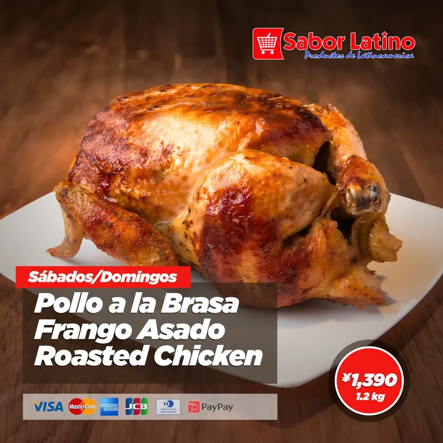 Post de Sabor Latino para redes: pollo a la brasa de fin de semana, con precio y medios de pago