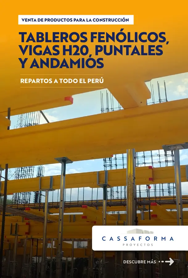 Flyer de Cassaforma Proyectos: tableros fenólicos, vigas H20, puntales y andamios con reparto a todo el Perú