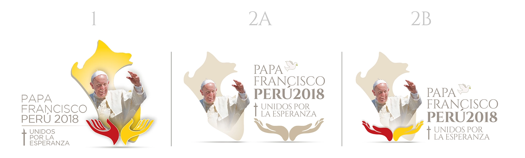Tres propuestas de logotipo comparadas lado a lado: la ruta 1 con tipografía de palo seco y manos en rojo y amarillo, la ruta 2A monocroma con paloma, y la ruta 2B con tipografía serif.