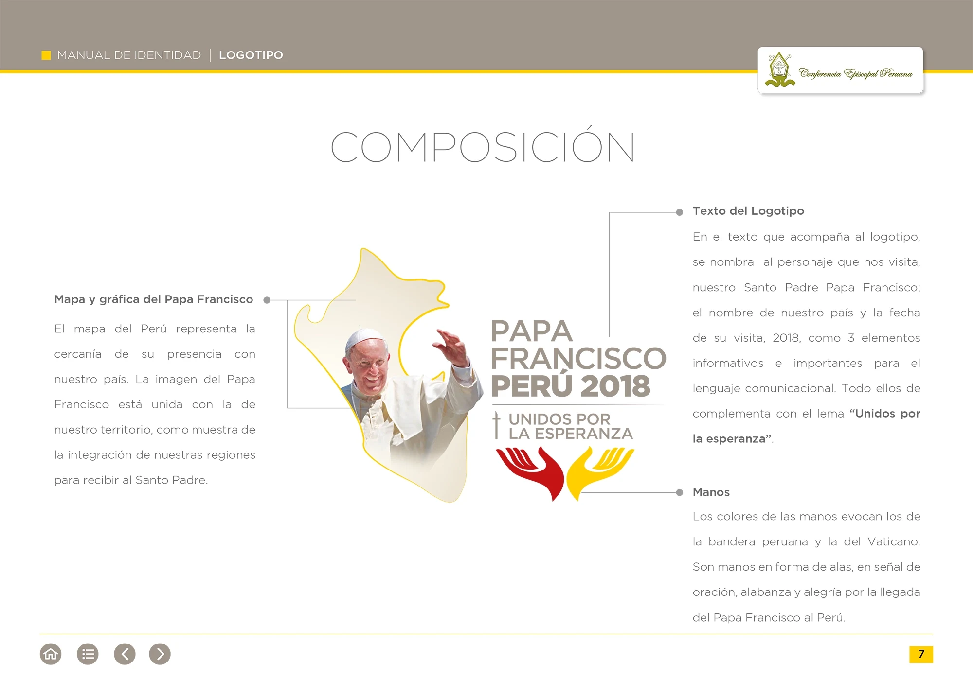 Página del manual que descompone el logotipo: mapa y gráfica del Papa, texto del logotipo, y manos, cada uno con su explicación.