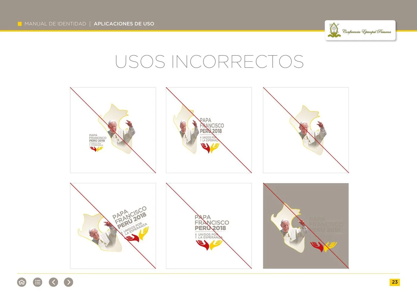 Página del manual con seis ejemplos de usos incorrectos del logotipo tachados en rojo.