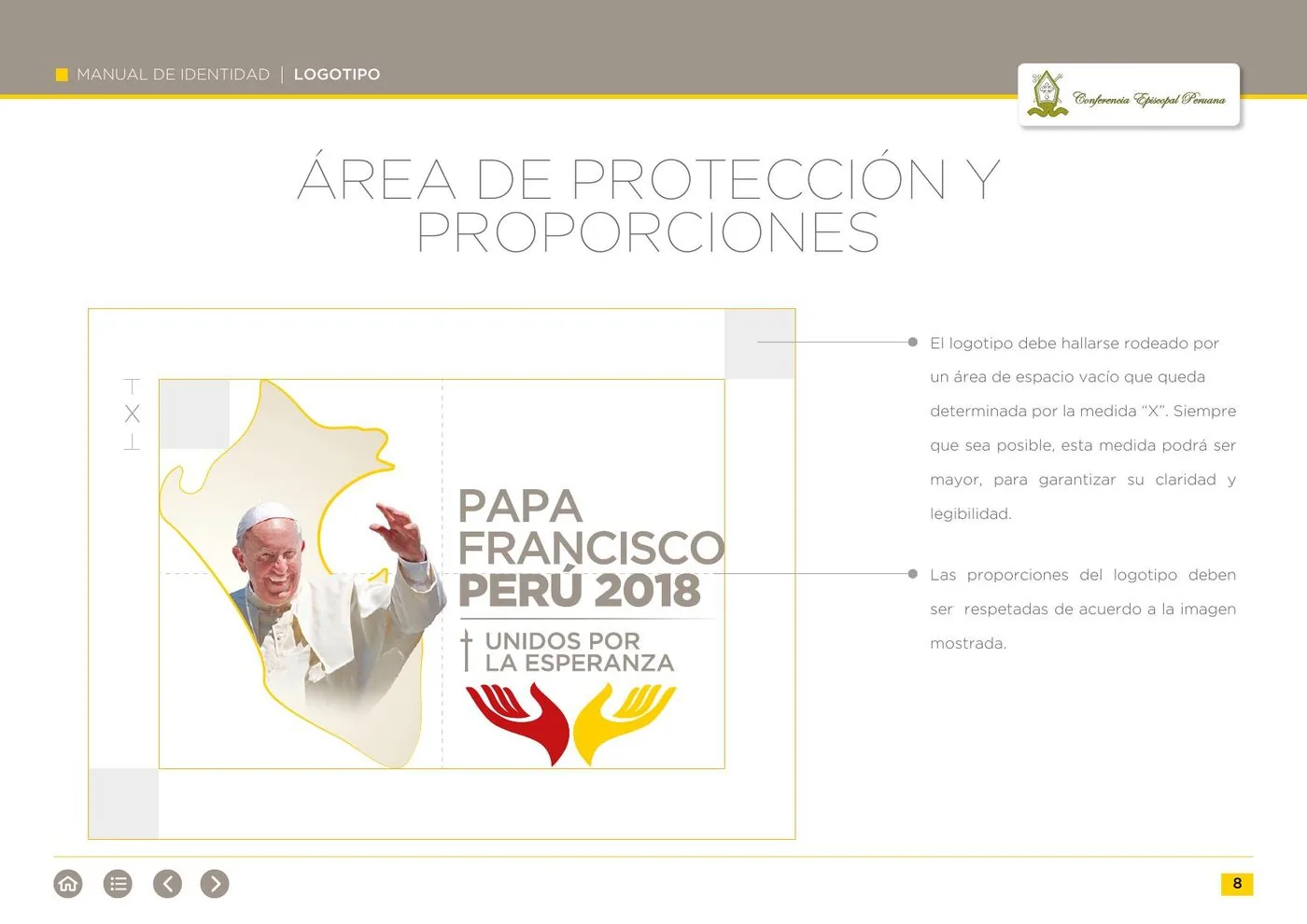 Página del manual con el área de protección y las proporciones del logotipo.