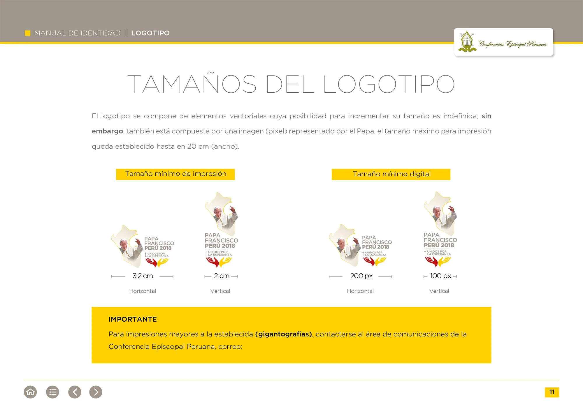Página del manual con los tamaños mínimos y máximos del logotipo y el aviso sobre gigantografías.