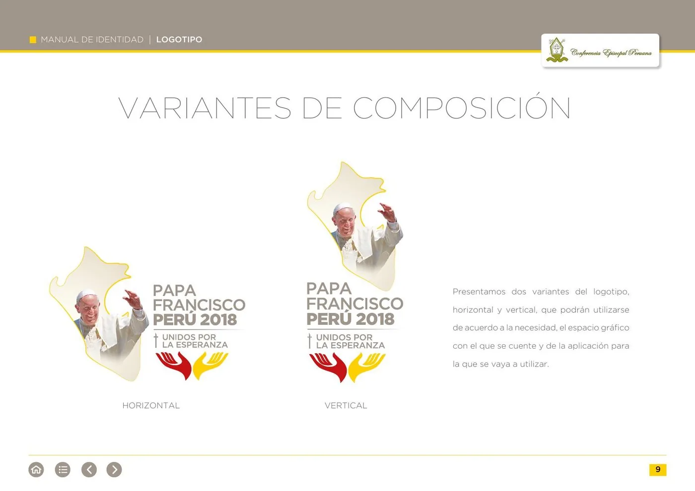 Página del manual con las variantes horizontal y vertical del logotipo.