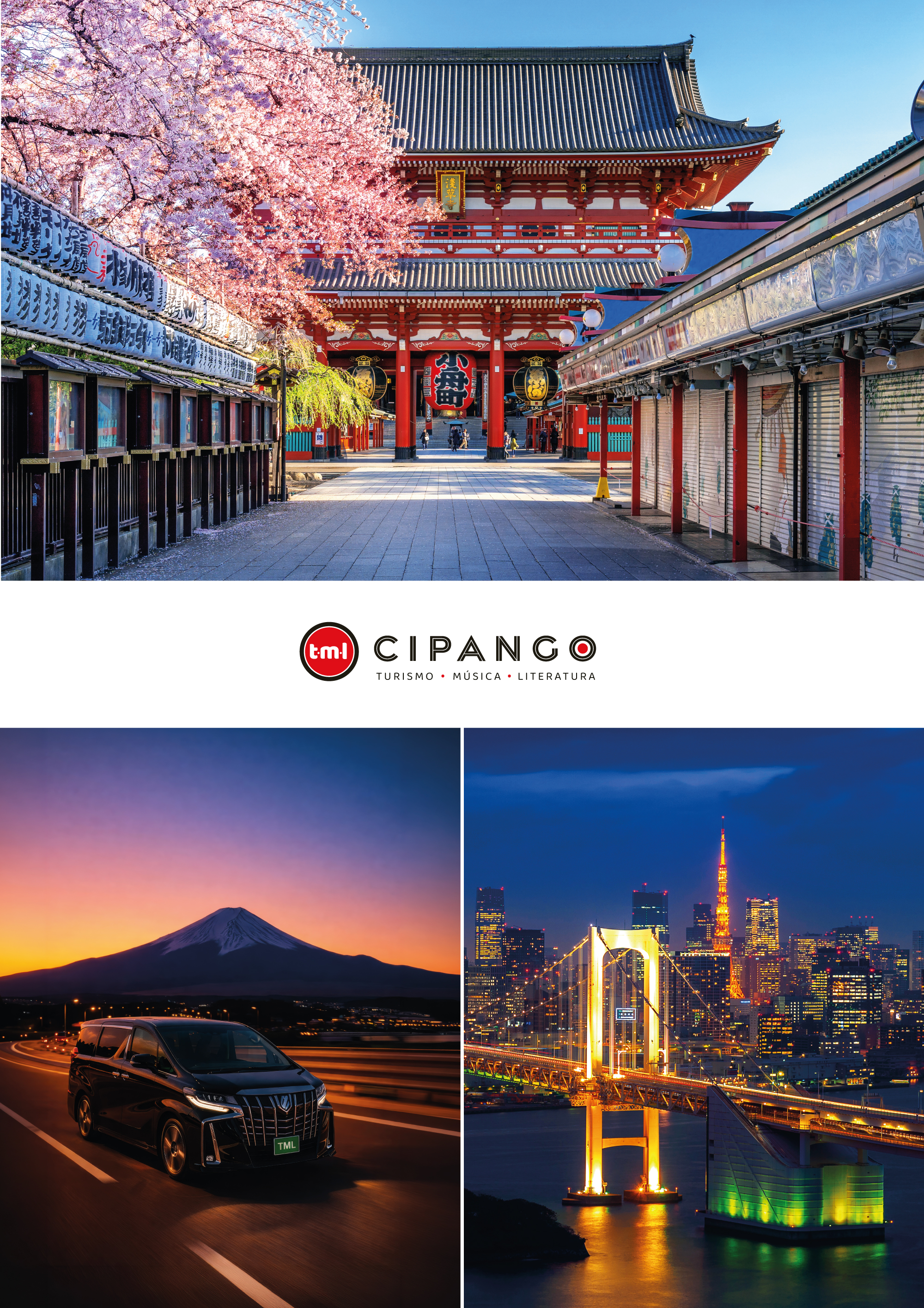 Portada del itinerario TML Cipango — composición fotográfica con templos, Monte Fuji y flota VIP